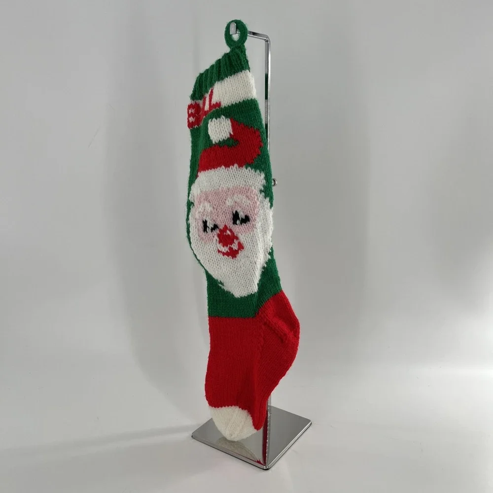 Vintage Hand‎ Knit Christmas Stocking Santa Claus St. Nick Green White 21